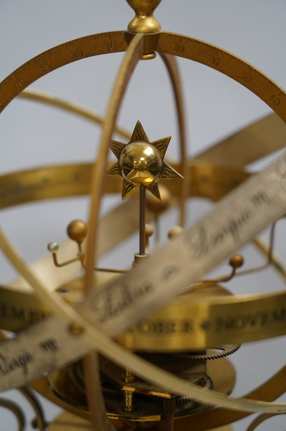 A modern clockwork armillary sphere, engraved St. James’s House Co. London, 44cm high, with two related books. Condition - fair, some discolouration to the metal work and general wear.